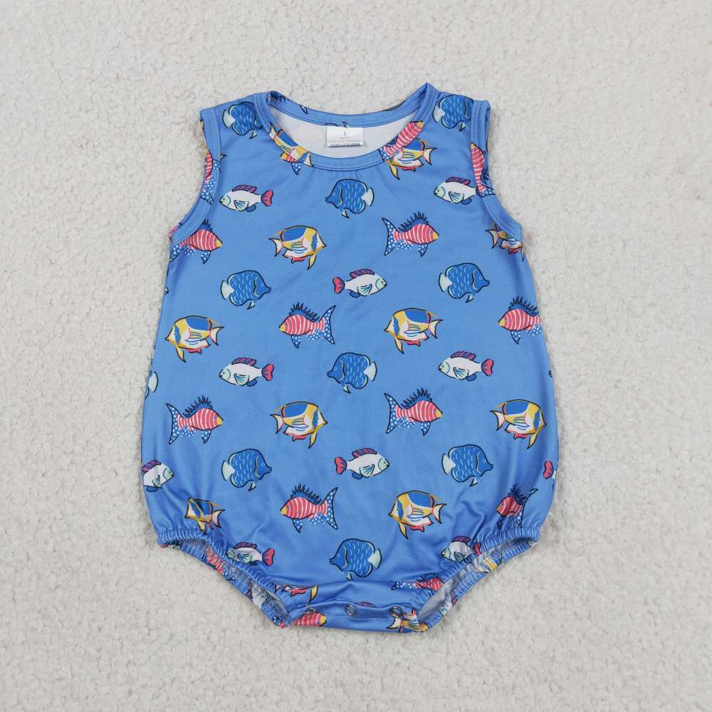 SR4151 Baby BLUE colorful fishes print sleeveless Rompers