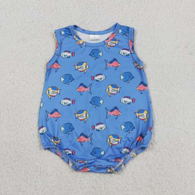 SR4151 Baby BLUE colorful fishes print sleeveless Rompers