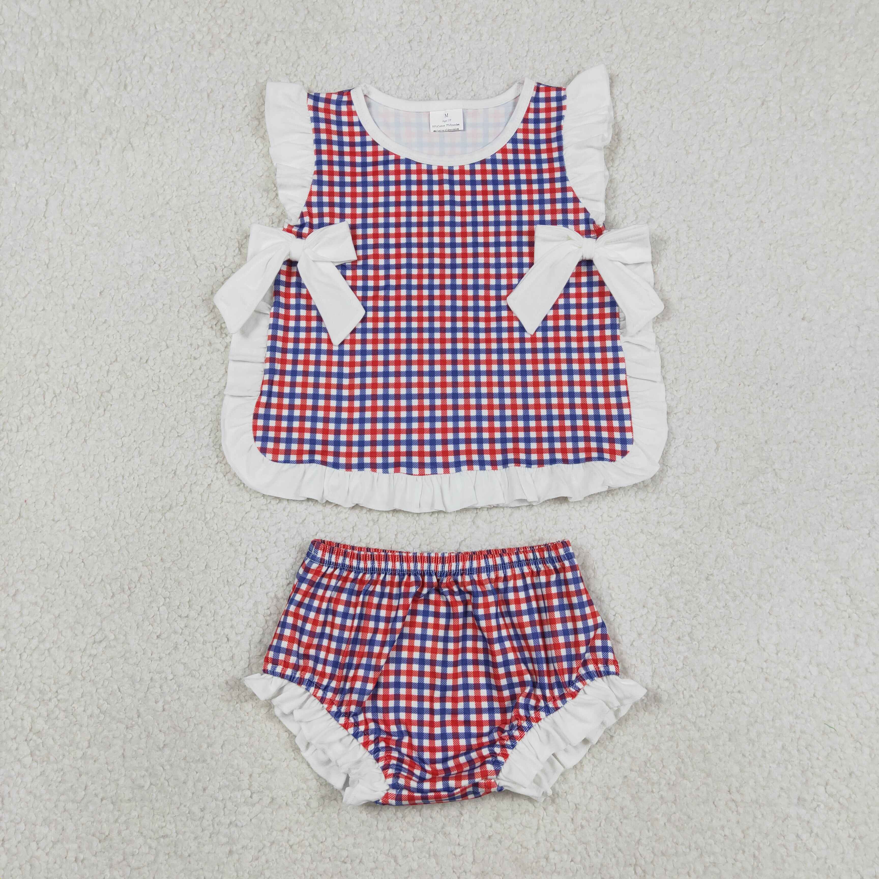 GBO0527  RTS Girl Blue red  plaid sleeveless girl bummies