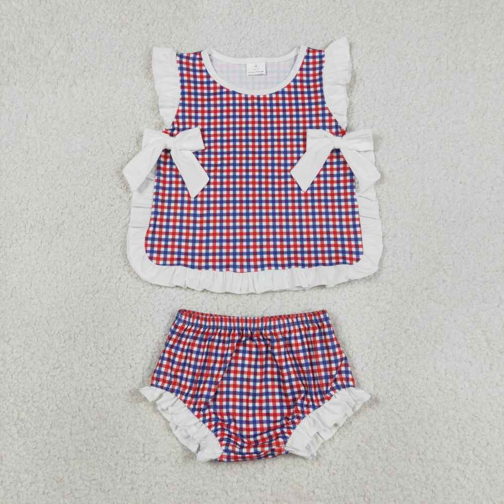GBO0527  RTS Girl Blue red  plaid sleeveless girl bummies