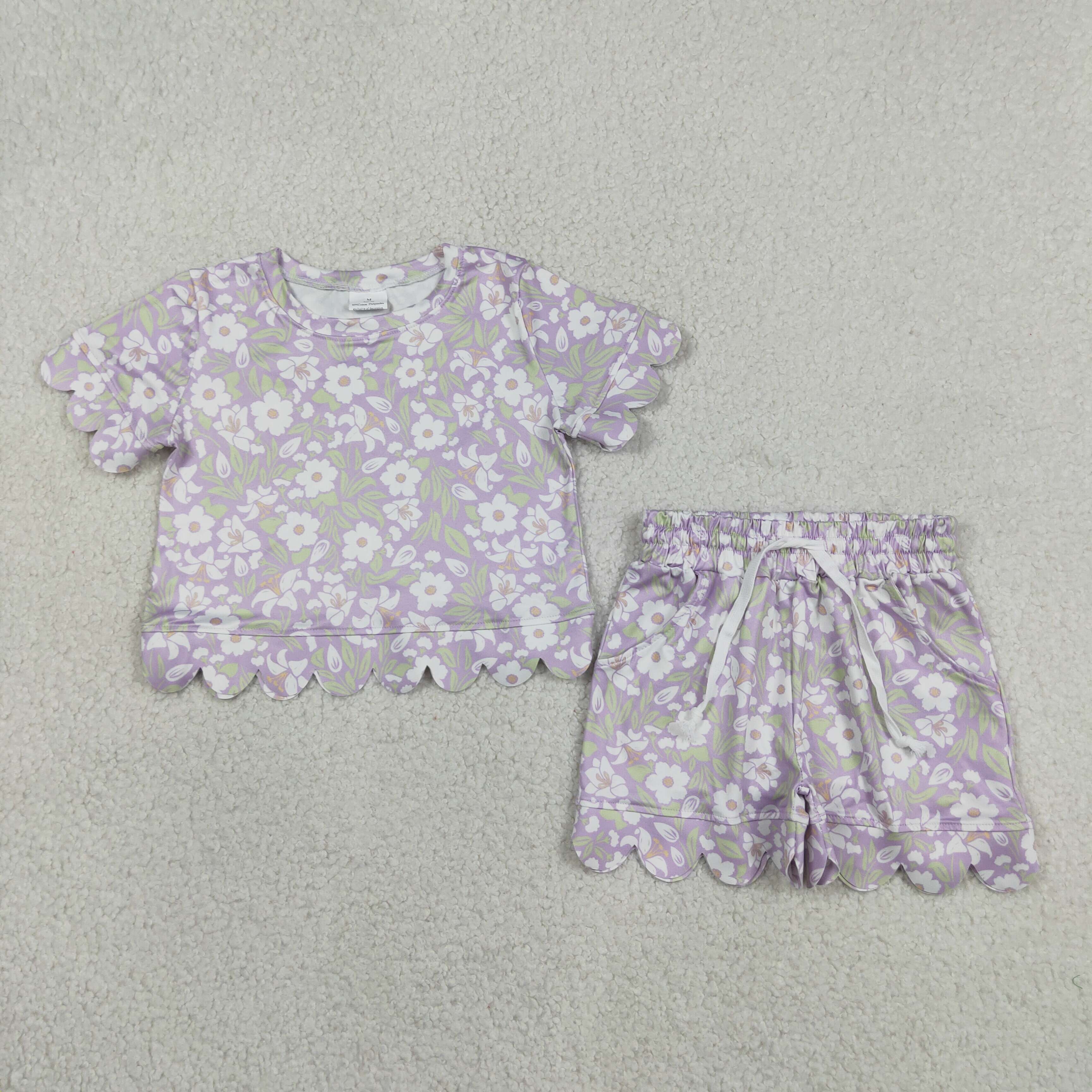 GSSO3265 Purple flowers  Green leaves Print Short sleeve girl  SCALLOP  outfits