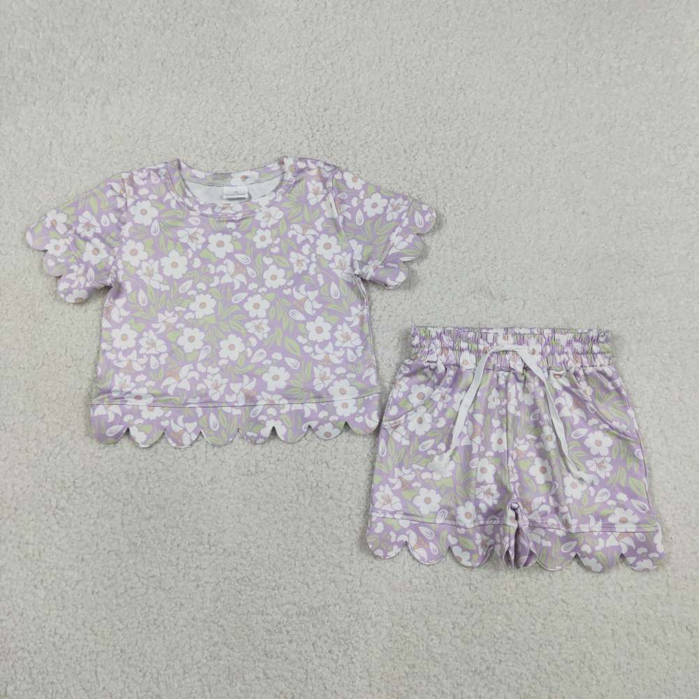 GSSO3265 Purple flowers  Green leaves Print Short sleeve girl  SCALLOP  outfits