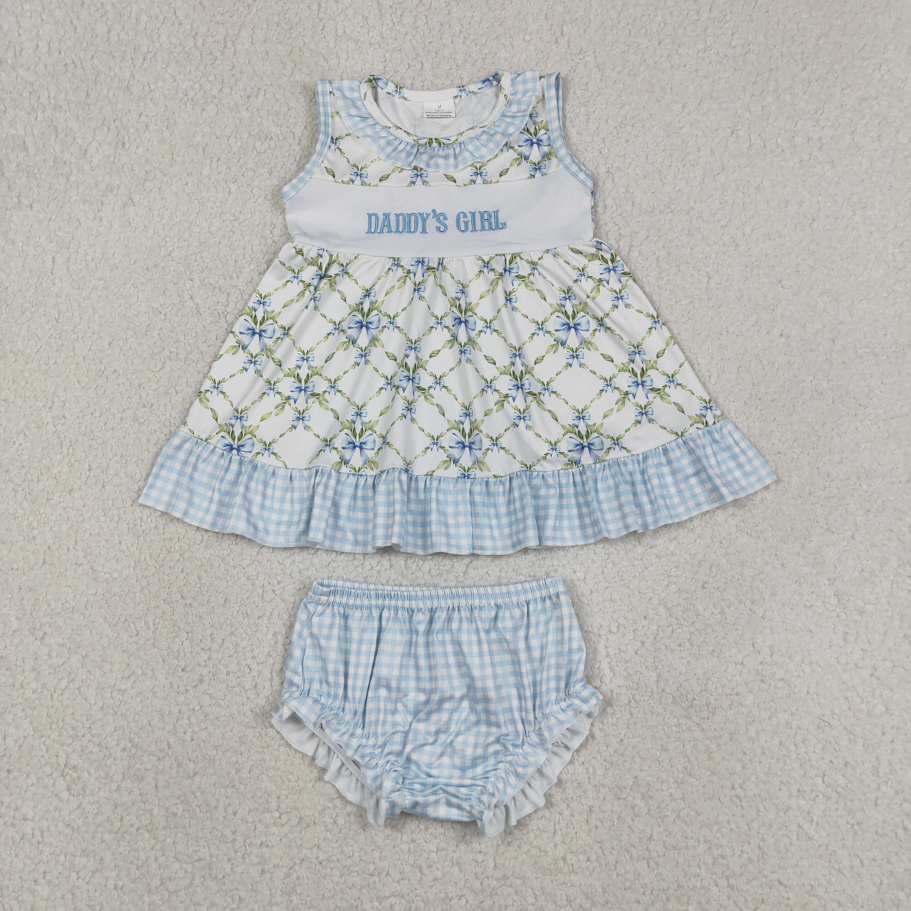 GBO0512  RTS Girl Blue  bows leaves sleeveless girl bummies