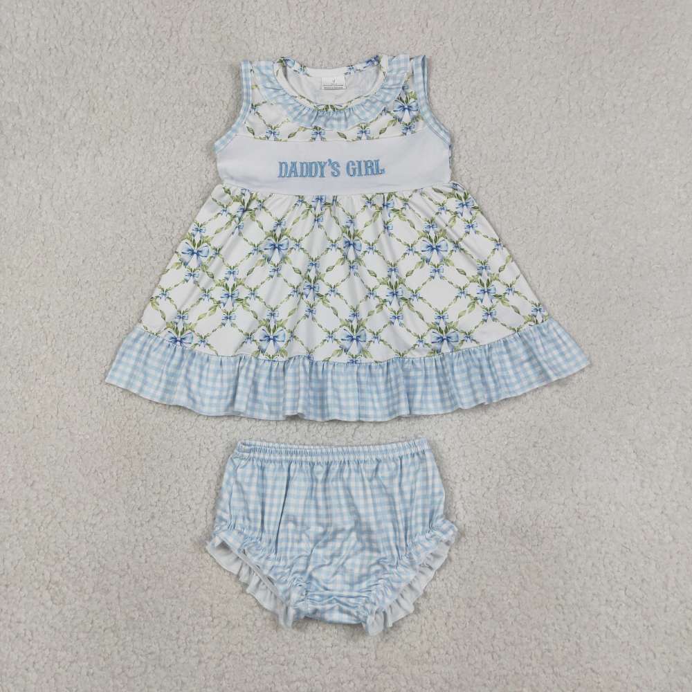 GBO0512  RTS Girl Blue  bows leaves sleeveless girl bummies