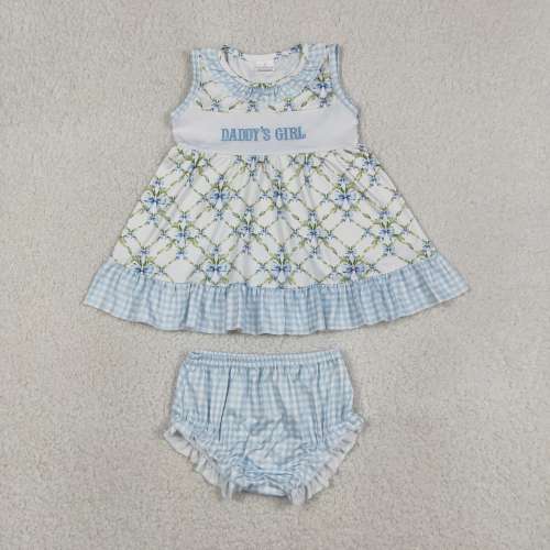 GBO0512  RTS Girl Blue  bows leaves sleeveless girl bummies