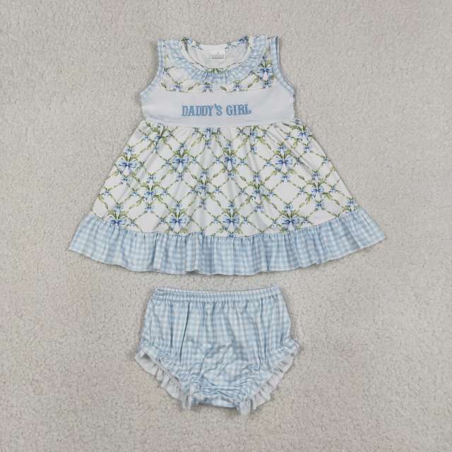 GBO0512  RTS Girl Blue  bows leaves sleeveless girl bummies