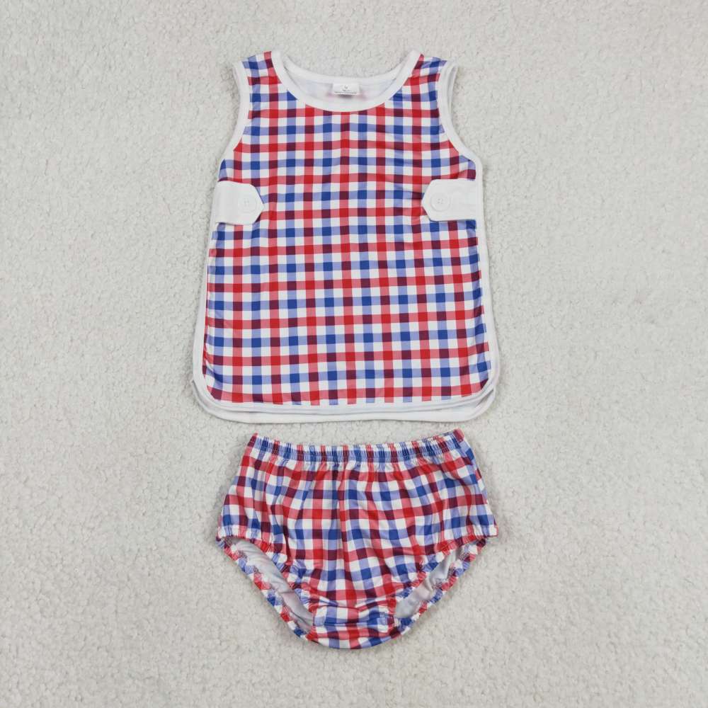 GBO0530  RTS Girl Blue red plaid sleeveless girl bummies