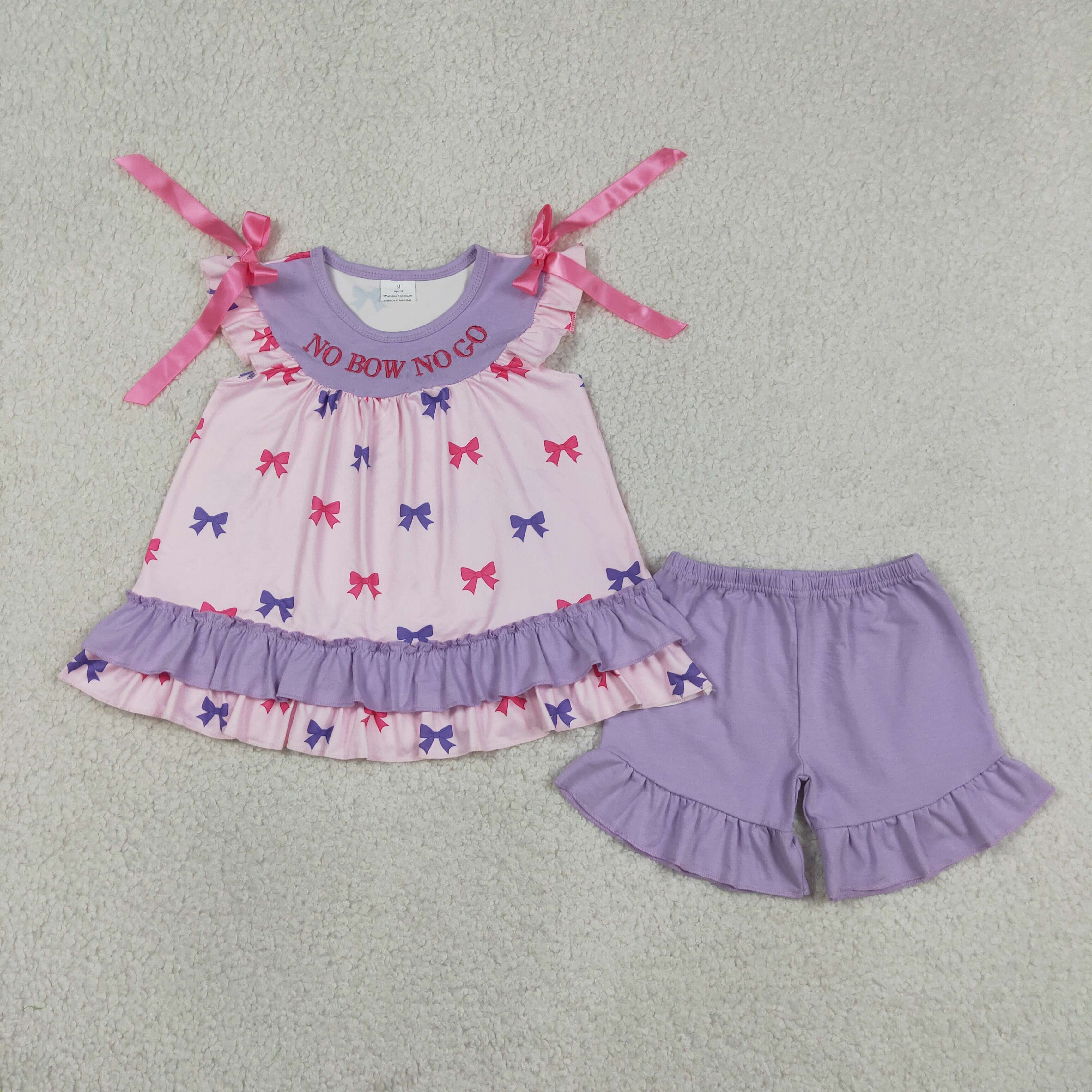 GSSO3460 NO BOW NO GO  embroidery Pink purple bows short sleeve girl outfits