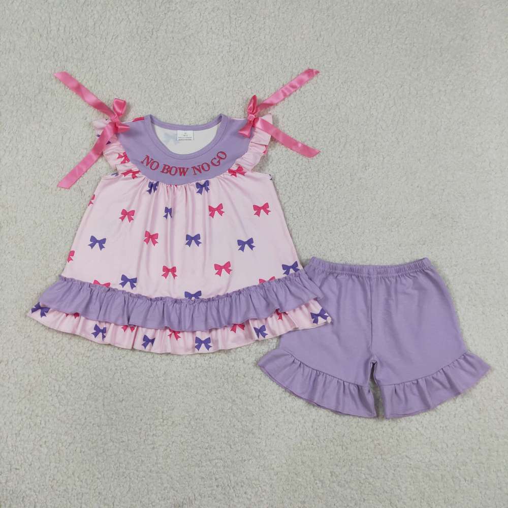 GSSO3460 NO BOW NO GO  embroidery Pink purple bows short sleeve girl outfits
