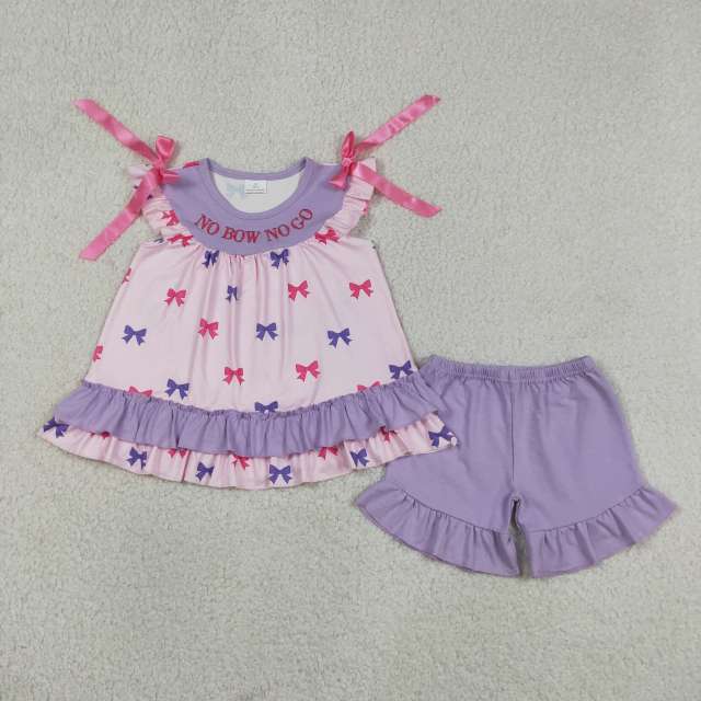 GSSO3460 NO BOW NO GO  embroidery Pink purple bows short sleeve girl outfits