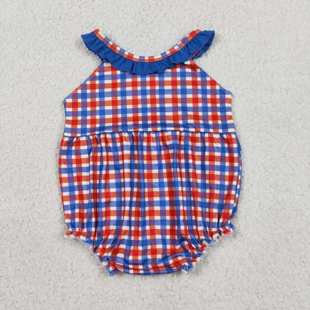SR3835  Baby red Blue plaid animals embroidery sleeveless Rompers