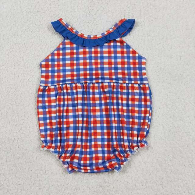 SR3835  Baby red Blue plaid animals embroidery sleeveless Rompers