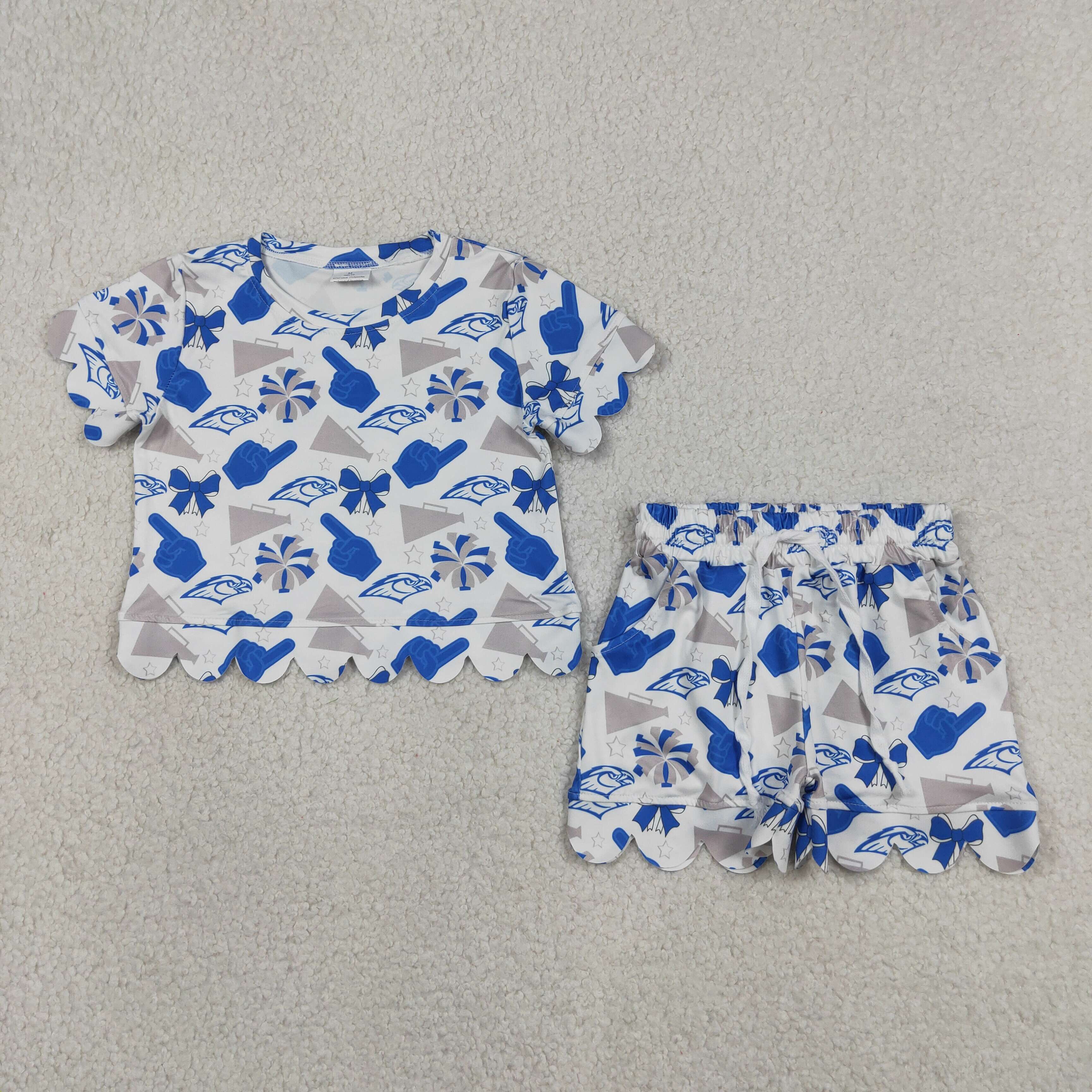 GSSO3408 BLUE grey firework gesture Print Short sleeve girl  SCALLOP  outfits