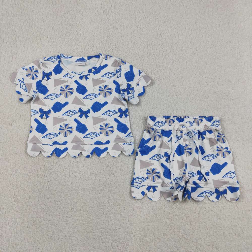GSSO3408 BLUE grey firework gesture Print Short sleeve girl  SCALLOP  outfits