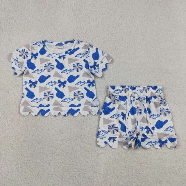 GSSO3408 BLUE grey firework gesture Print Short sleeve girl  SCALLOP  outfits