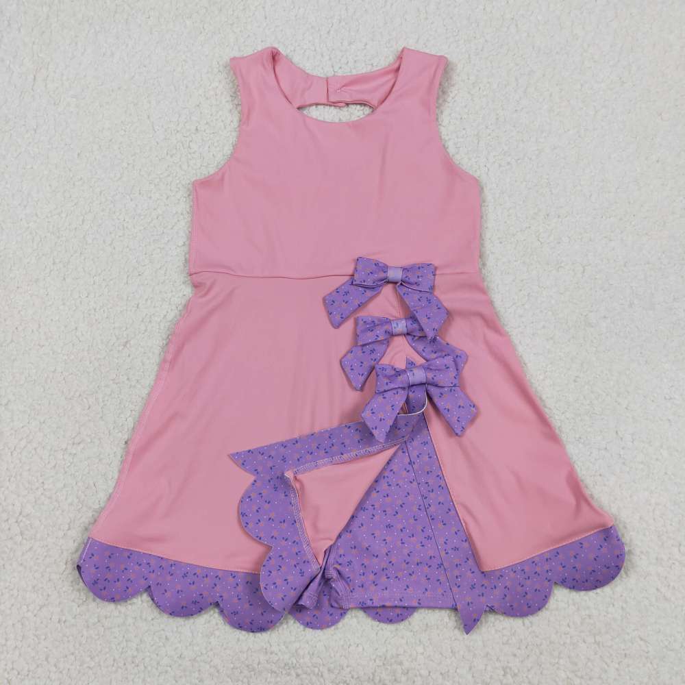 GSD3317 RTS Purple bows print active girl yoga dress
