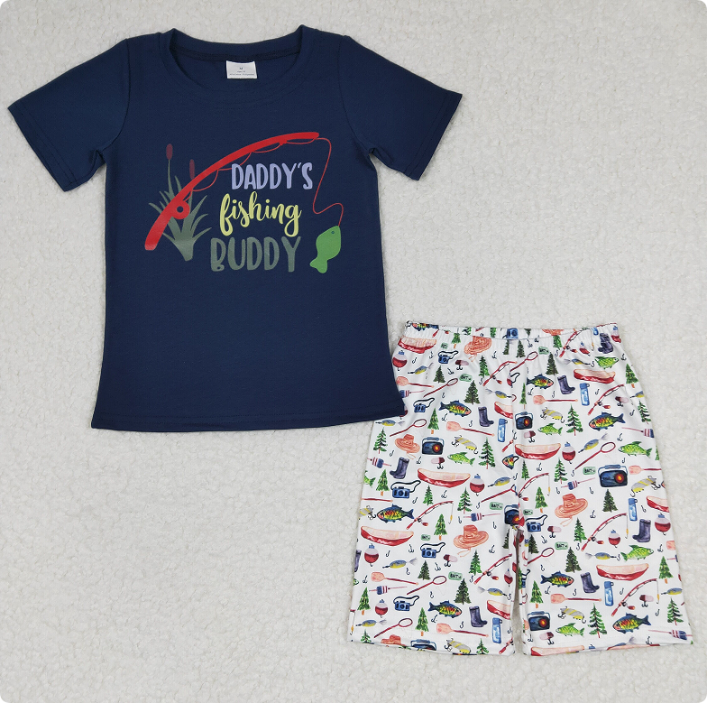 BSSO0152 Boy's navy blue fishing short-sleeved shirt and shorts set with offset printing.