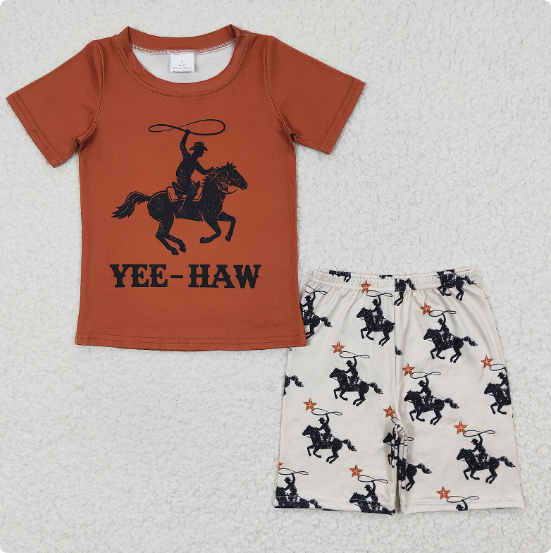 BSSO0189  Boy's YEE-HAW riding brown short-sleeved shirt and shorts suit