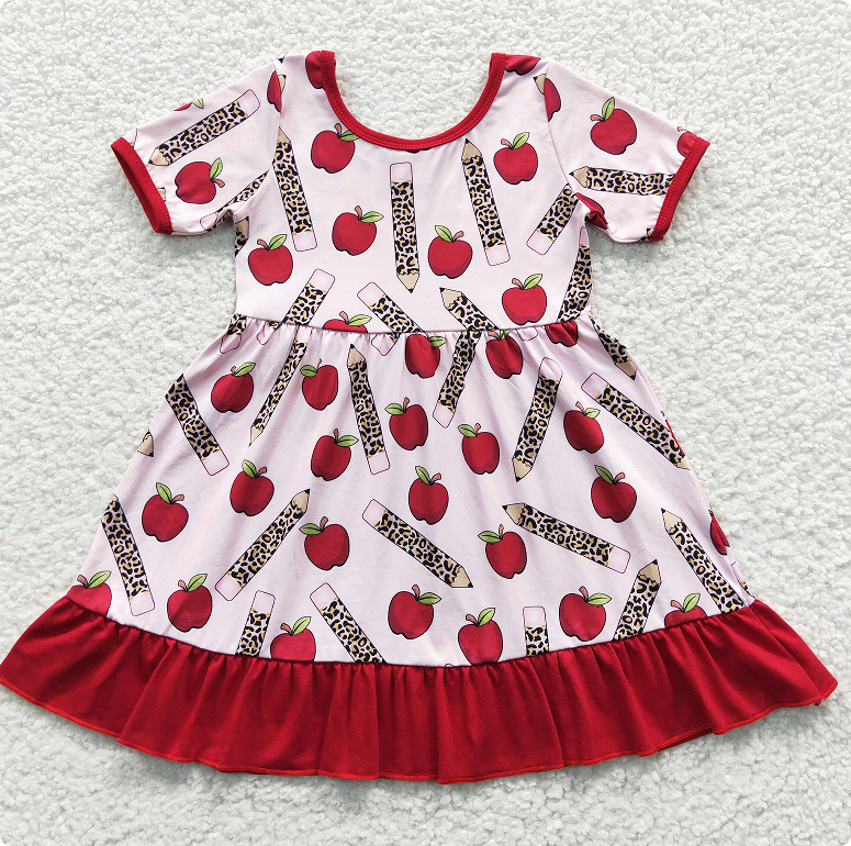 GSD0314 Back to School Pencil Apple Red Short-Sleeved Dress