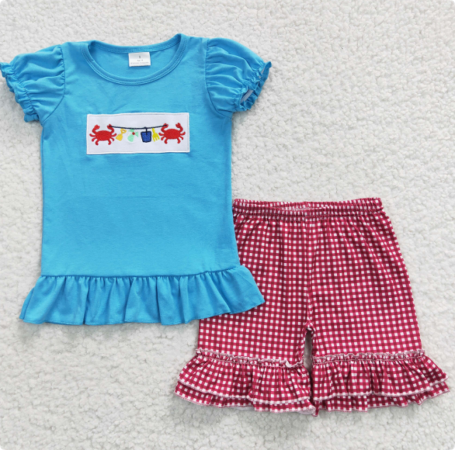 GSSO0274  Girl's blue short-sleeved shirt and red plaid shorts set with embroidered crab.
