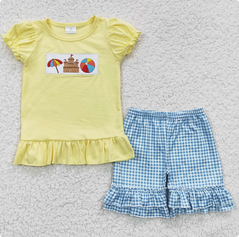 GSSO0276 Girl's embroidered beach castle yellow short-sleeved shirt and blue plaid shorts set
