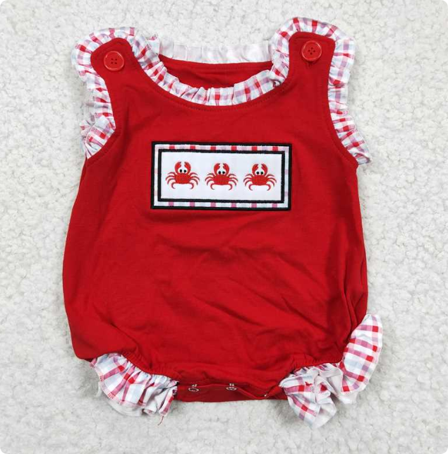 SR0156 Girl's red embroidered crab vest Romper