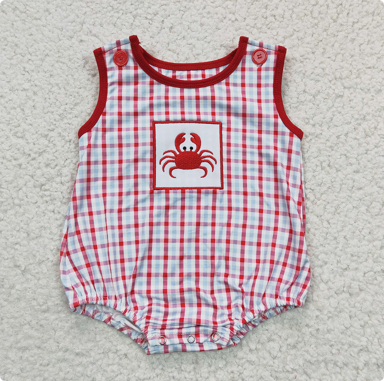 SR0157 Boy's embroidered crab red plaid vest romper