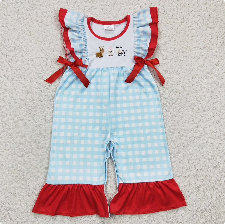 SR0179  Girl's Embroidered Cow, Horse, and Sheep Blue Fleece-Sleeved Romper
