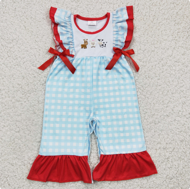 SR0179  Girl's Embroidered Cow, Horse, and Sheep Blue Fleece-Sleeved Romper