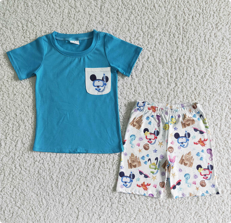 BSSO0038 Boys' Blue Pocket Short-Sleeve Castle Shorts Set