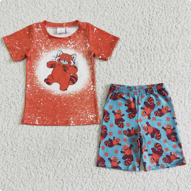 BSSO0045 Boy's  Bear Orange Short-Sleeve T-Shirt and Blue Shorts Set