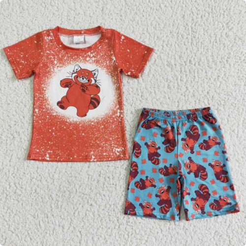 BSSO0045 Boy's  Bear Orange Short-Sleeve T-Shirt and Blue Shorts Set