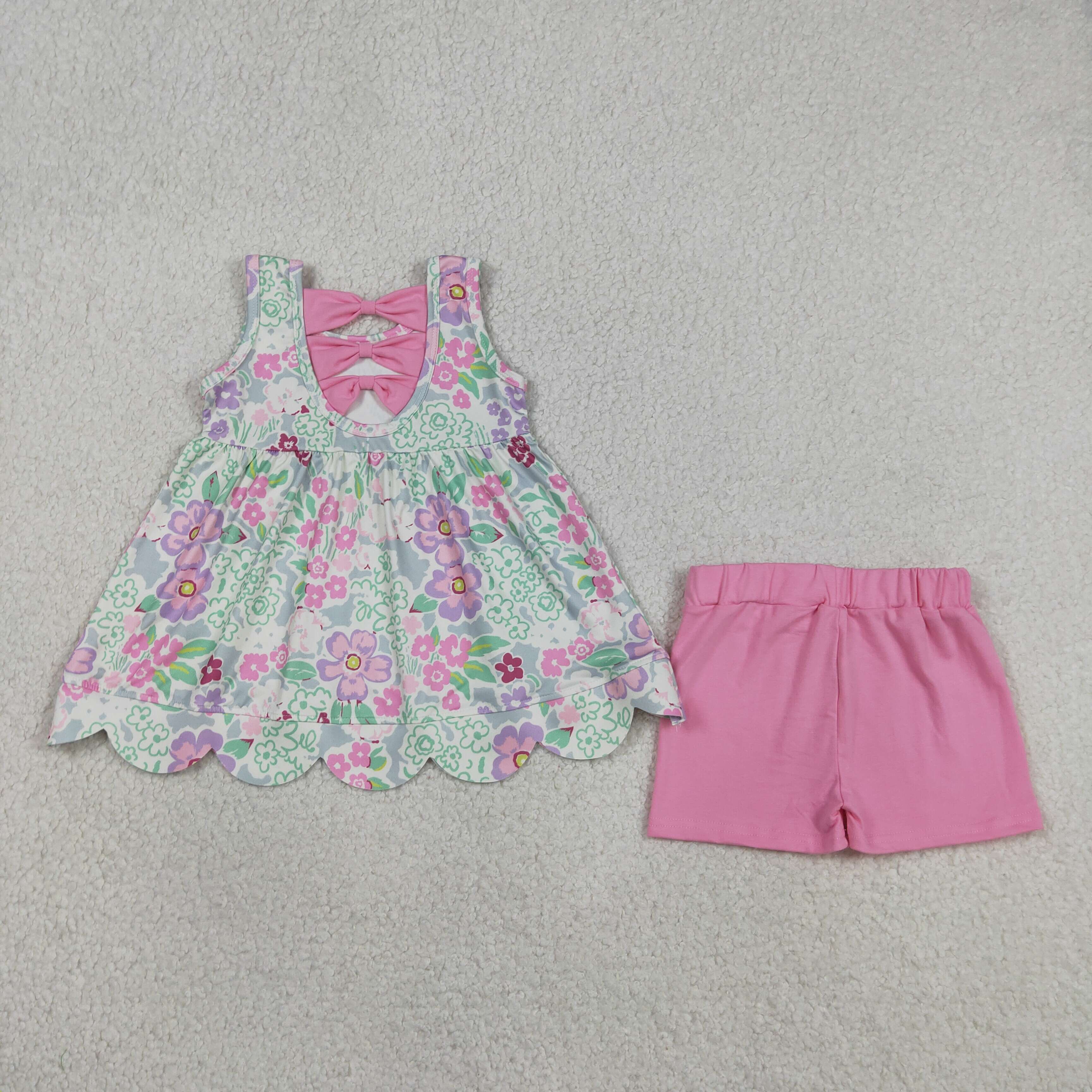GSSO3385 Flowers pink bows  sleeveless girl outfits