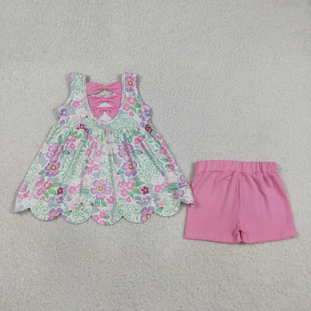 GSSO3385 Flowers pink bows  sleeveless girl outfits