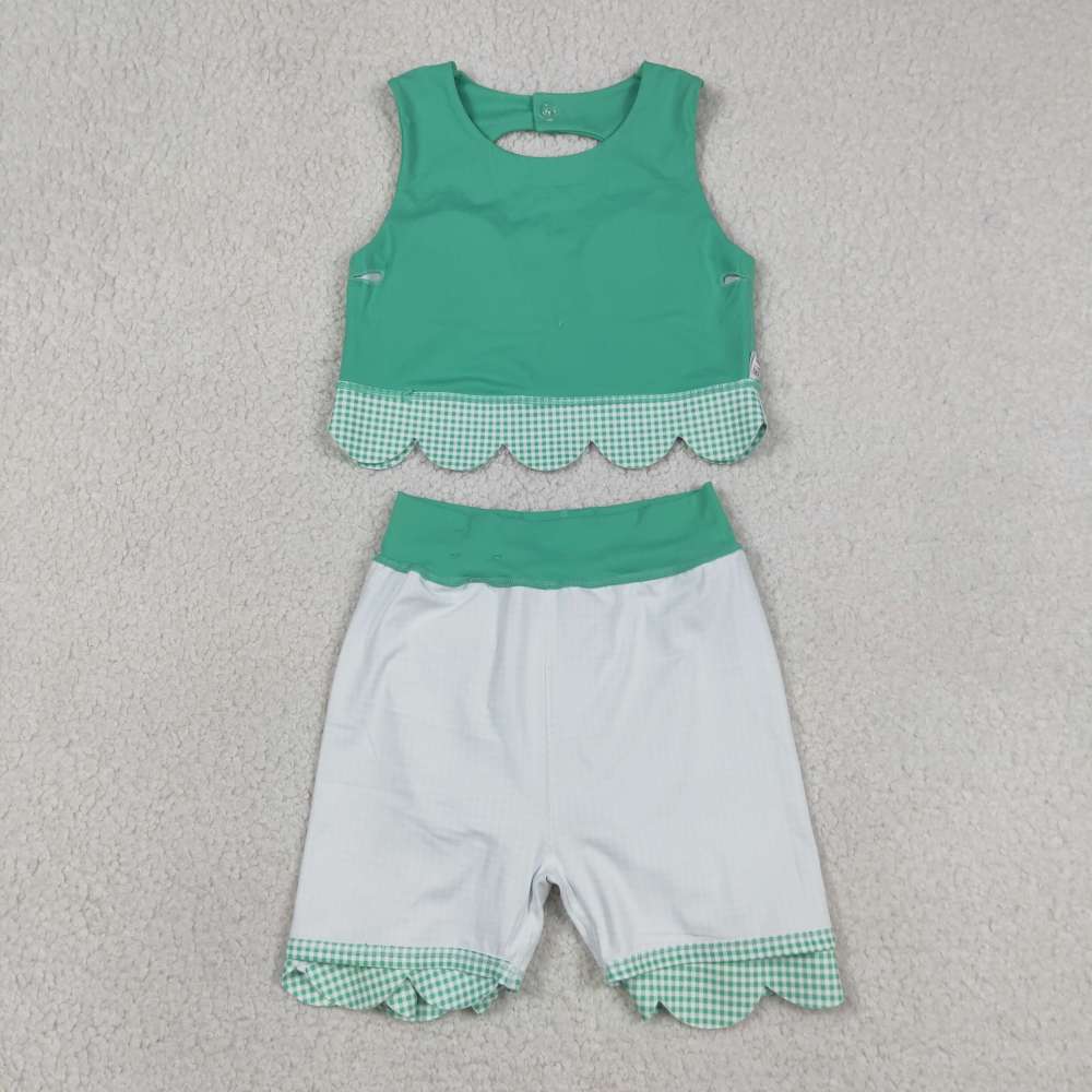 GSD3320  RTS Green plaid print active girl yoga scallop skirt dress
