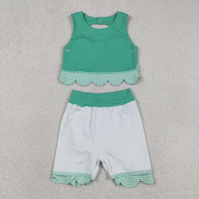 GSD3320  RTS Green plaid print active girl yoga scallop skirt dress
