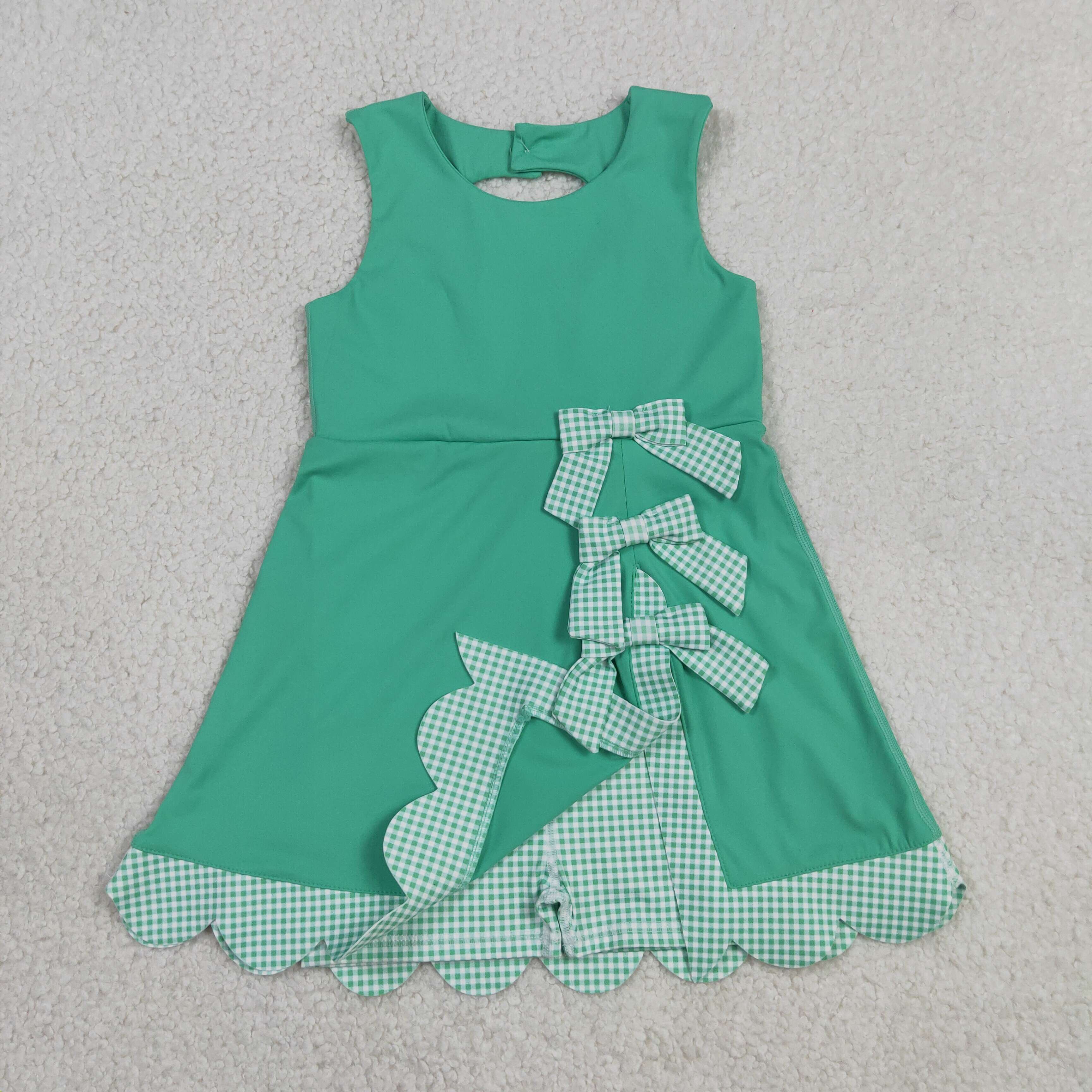GSD3029 RTS cyan plaid bows  print active girl yoga scallop dress