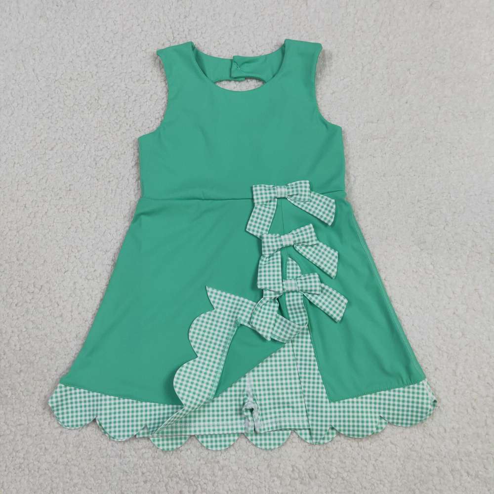 GSD3029 RTS cyan plaid bows  print active girl yoga scallop dress