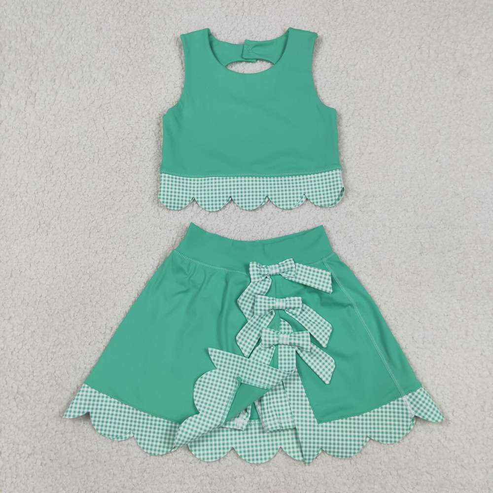 GSD3320  RTS Green plaid print active girl yoga scallop skirt dress