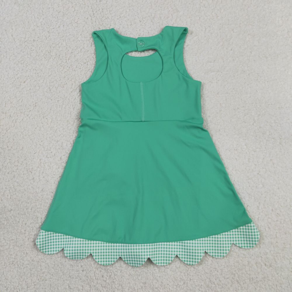 GSD3029 RTS cyan plaid bows  print active girl yoga scallop dress