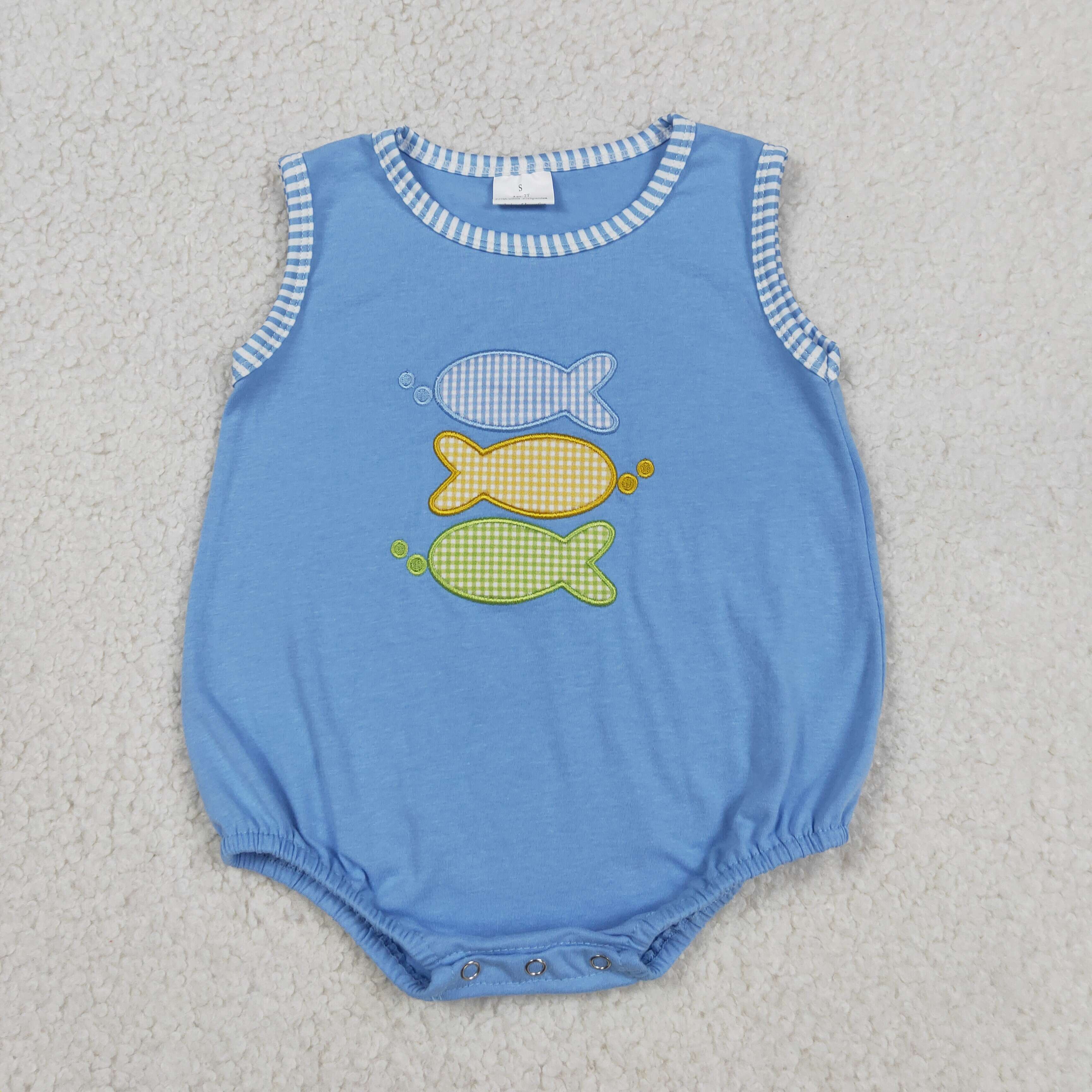 SR4005  Baby BLUE colorful fishes Embroidery sleeveless Rompers