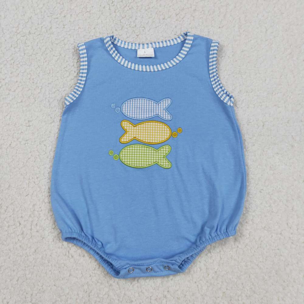 SR4005  Baby BLUE colorful fishes Embroidery sleeveless Rompers