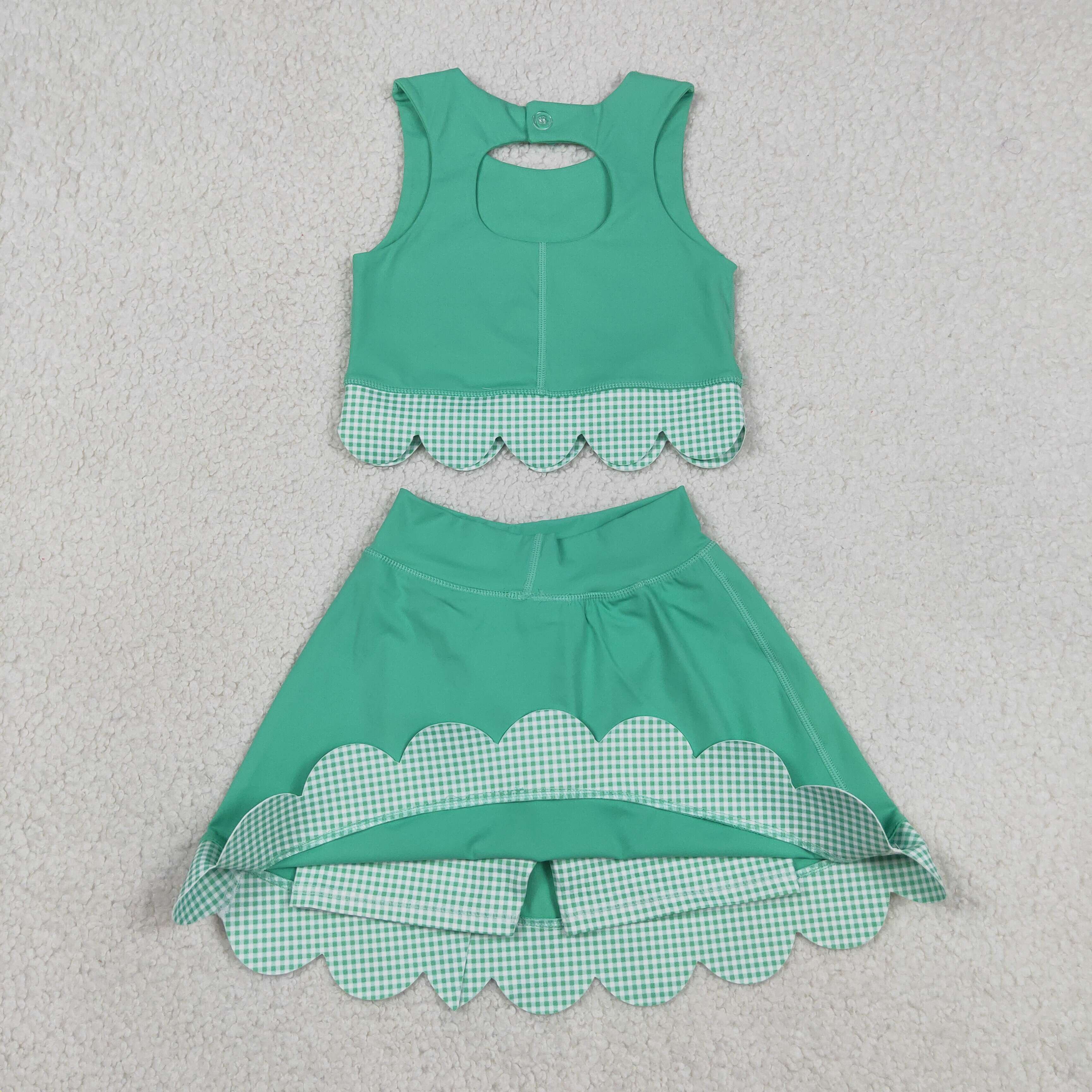 GSD3320  RTS Green plaid print active girl yoga scallop skirt dress
