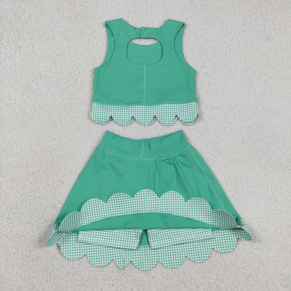 GSD3320  RTS Green plaid print active girl yoga scallop skirt dress