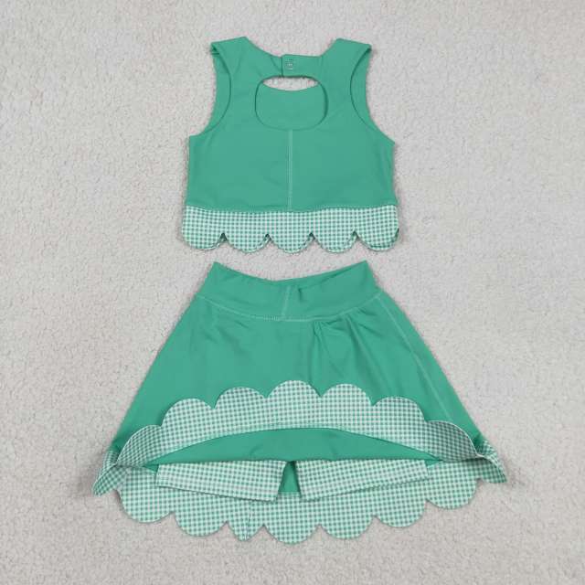 GSD3320  RTS Green plaid print active girl yoga scallop skirt dress
