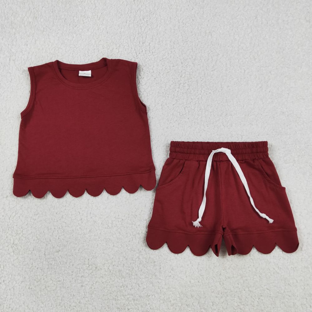 GSSO3734 Claret solid  sleeveless girl scallop outfits