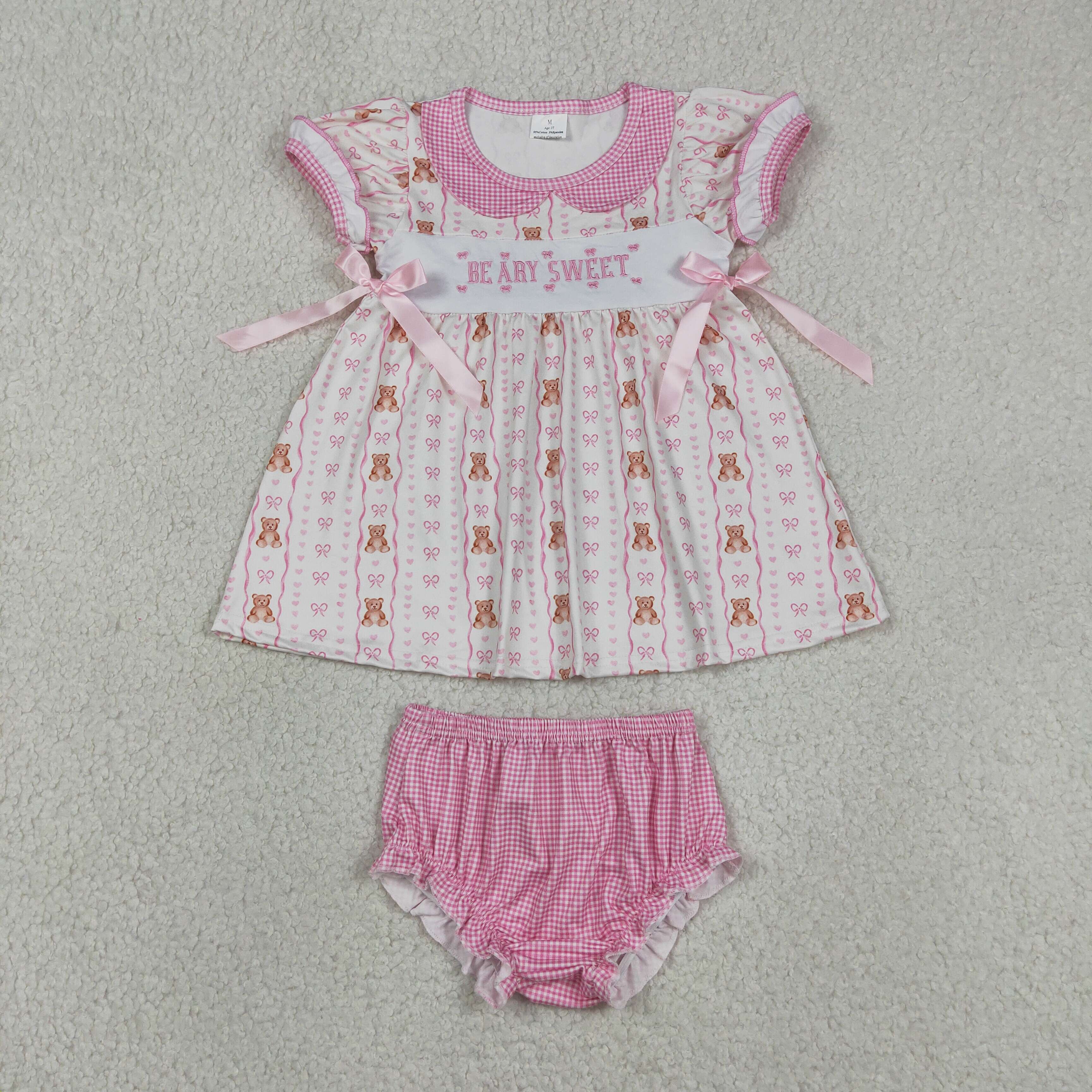GBO0520  RTS Girl pink bows beary sweet embroidery short sleeve girl bummies