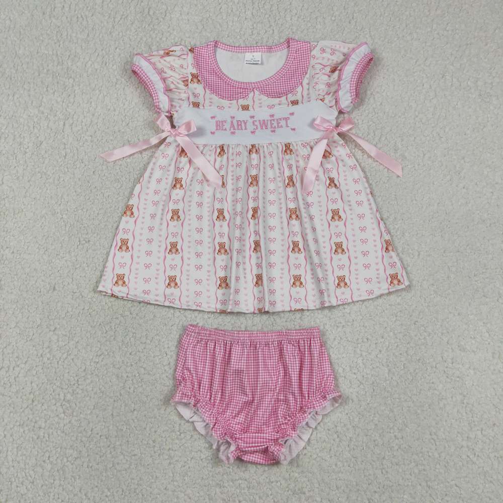 GBO0520  RTS Girl pink bows beary sweet embroidery short sleeve girl bummies