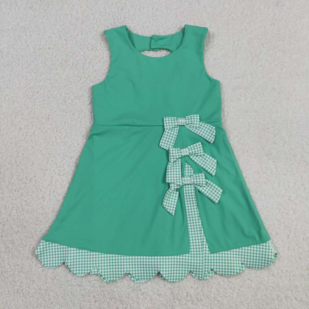 GSD3029 RTS cyan plaid bows  print active girl yoga scallop dress