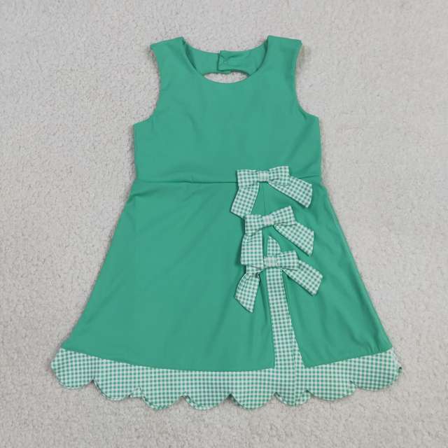 GSD3029 RTS cyan plaid bows  print active girl yoga scallop dress